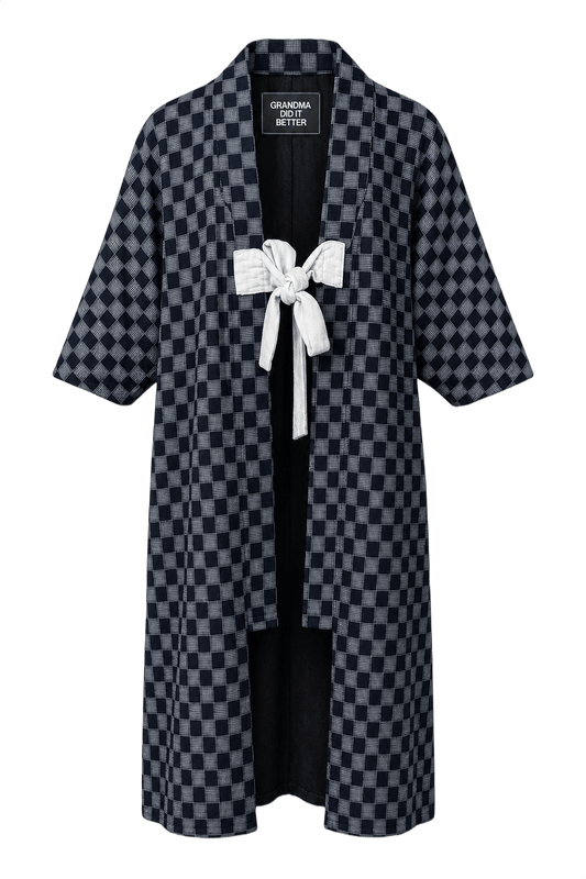 1970s Navy Blue Cotton Blend Kimono - Front View