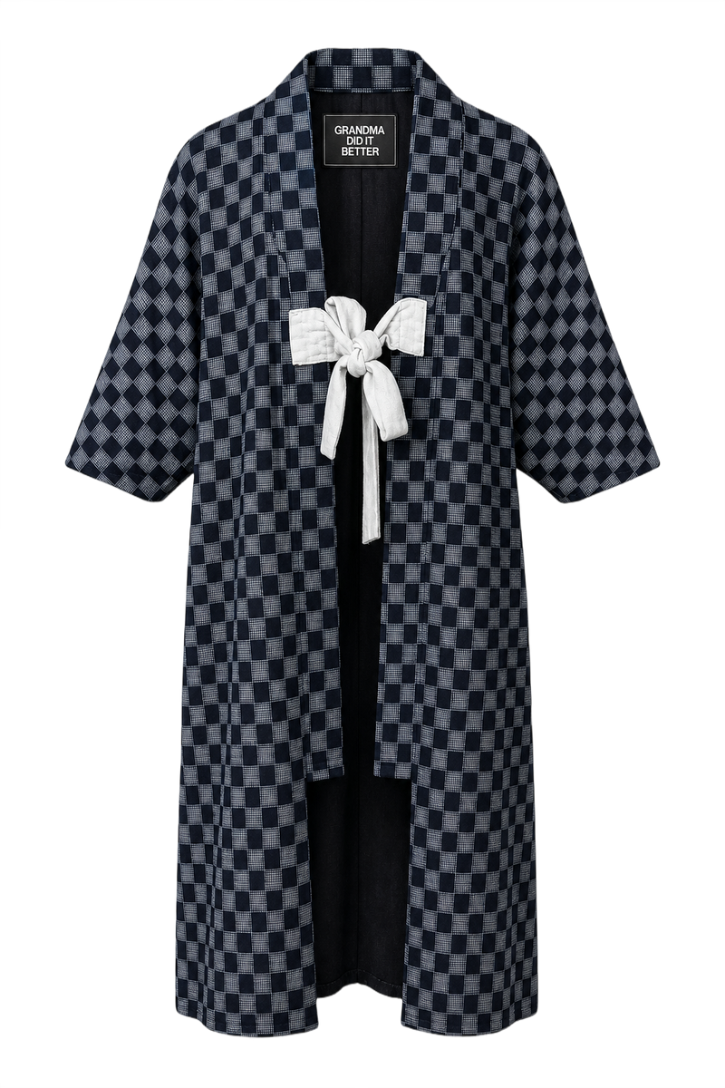 1970s Navy Blue Cotton Blend Kimono - Front View