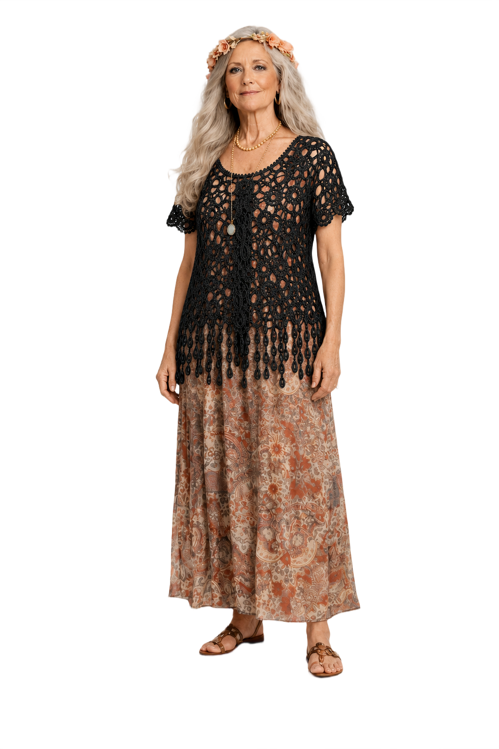 1970s Black Cotton Crochet Top - Model