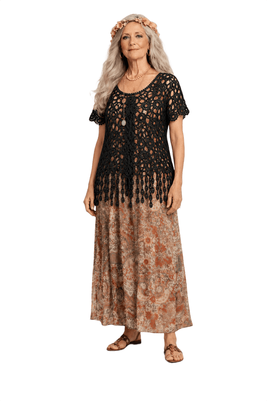 1970s Black Cotton Crochet Top - Model