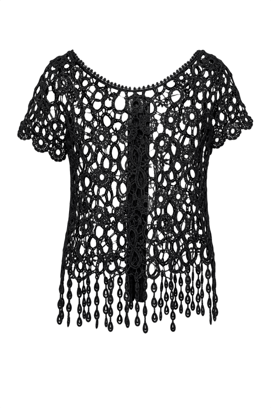1970s Black Cotton Crochet Top - Front View