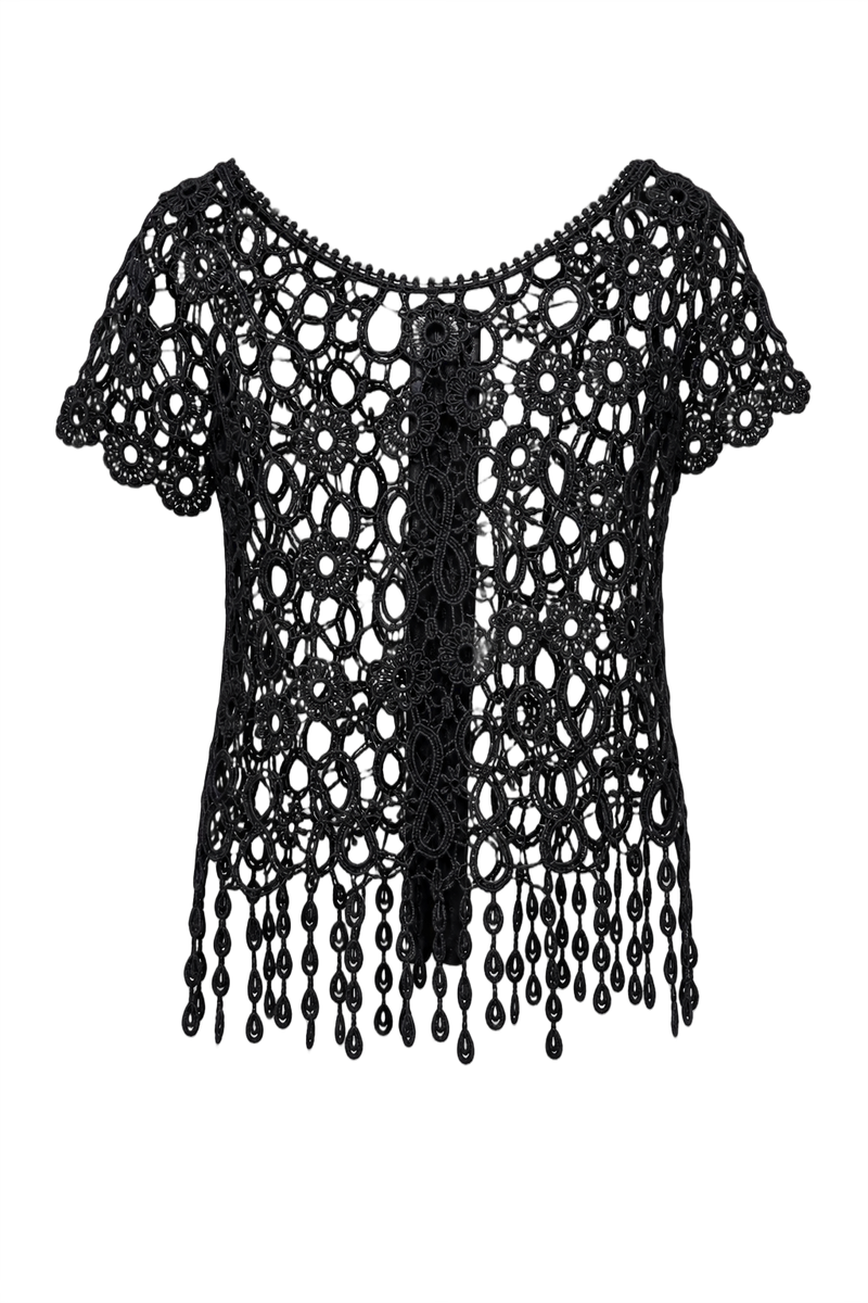 1970s Black Cotton Crochet Top - Front View