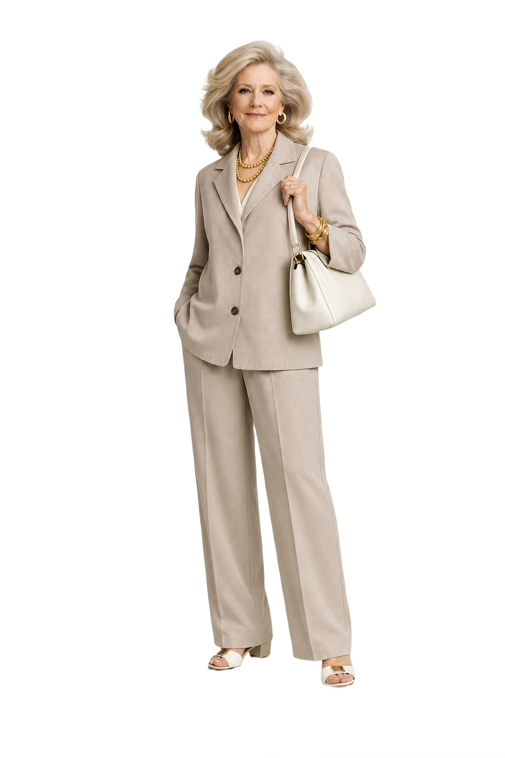 1980s Beige Synthetic Blend Blazer and Trousers Set - Model