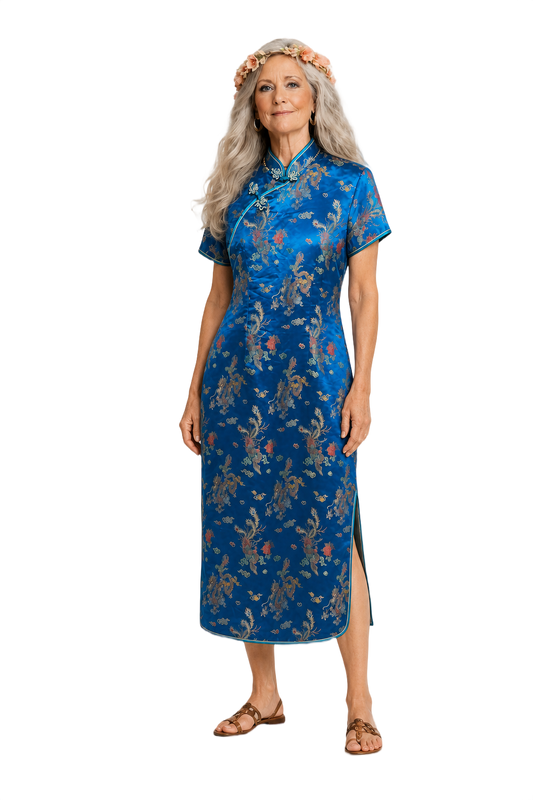 1970s Royal Blue Synthetic Silk Cheongsam - Model