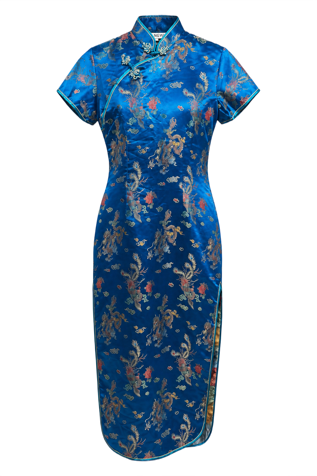 1970s Royal Blue Synthetic Silk Cheongsam - Front View