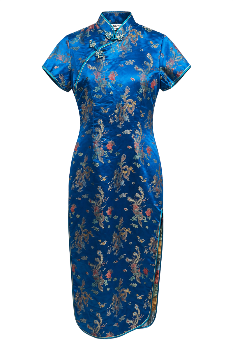 1970s Royal Blue Synthetic Silk Cheongsam - Front View
