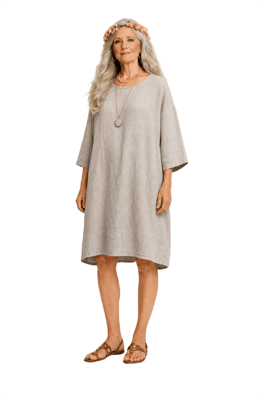 1970s Light Grey Linen Dress - Model