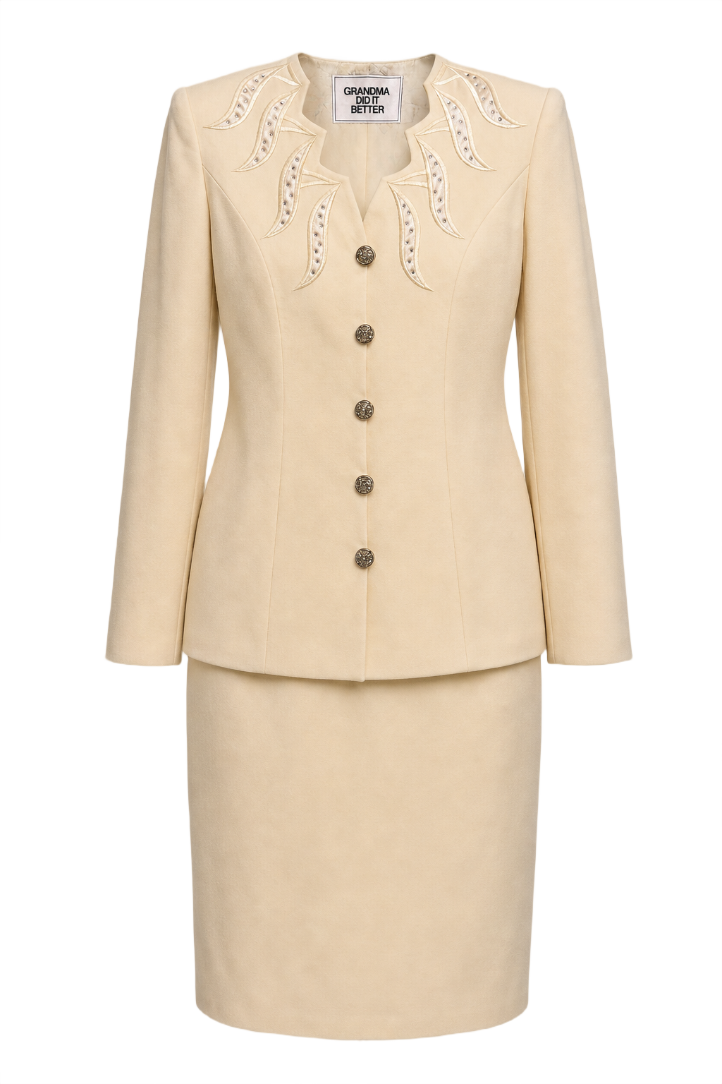 1980s Cream Polyester Blend Blazer and Skirt Set - Front View