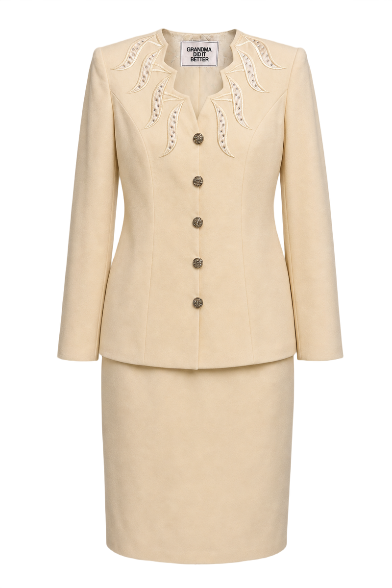 1980s Cream Polyester Blend Blazer and Skirt Set - Front View