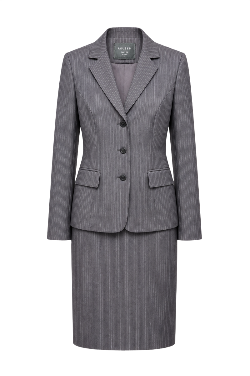 1990s Grey Wool Blend Skirt Suit - Front View