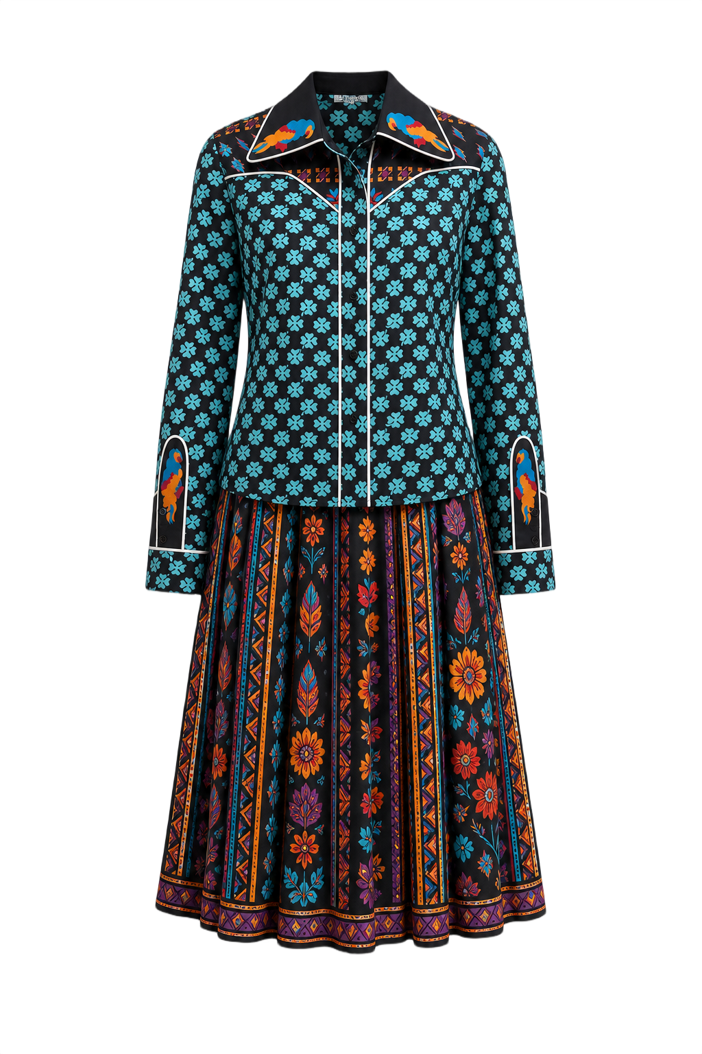 1970s Black Floral Cotton 2-Piece Set - Front View