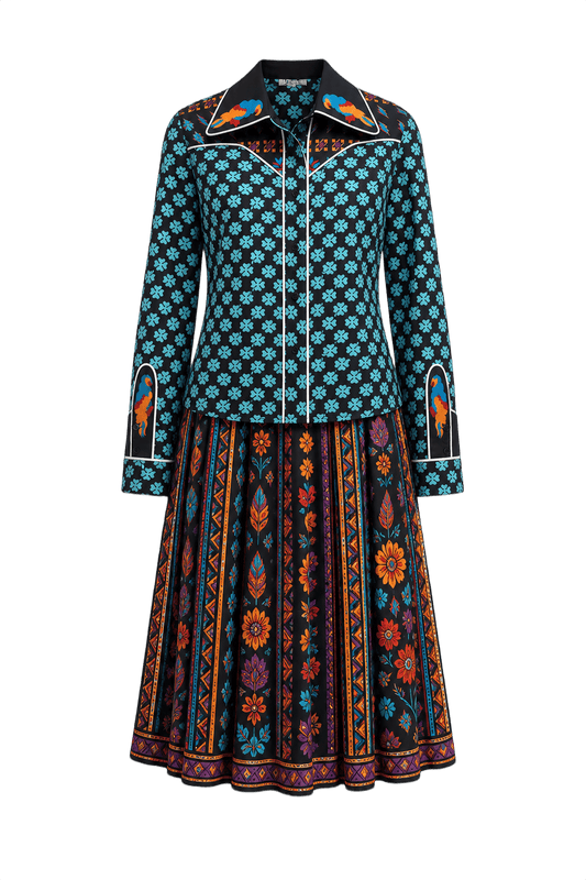 1970s Black Floral Cotton 2-Piece Set - Front View