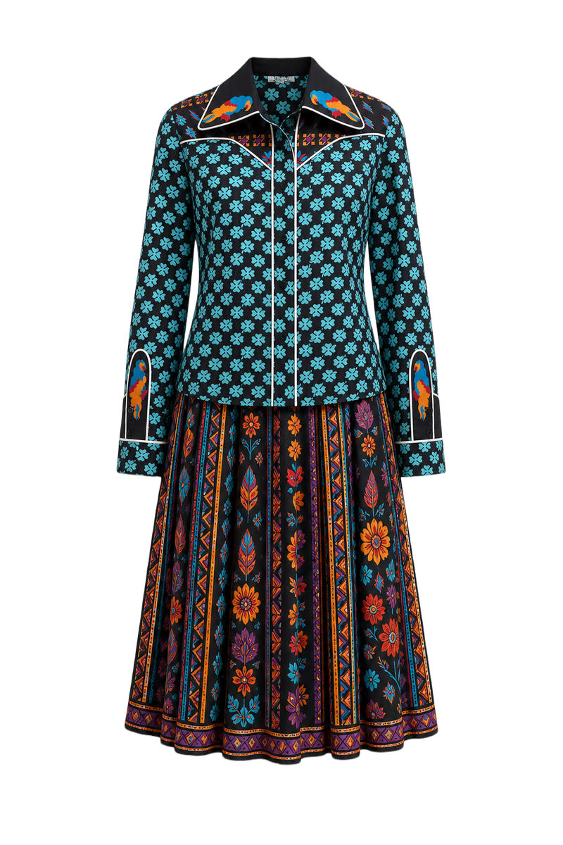 1970s Black Floral Cotton 2-Piece Set - Front View