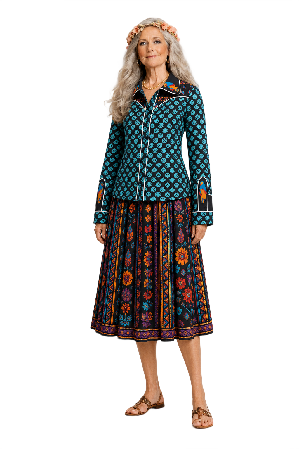 1970s Black Floral Cotton 2-Piece Set - Model