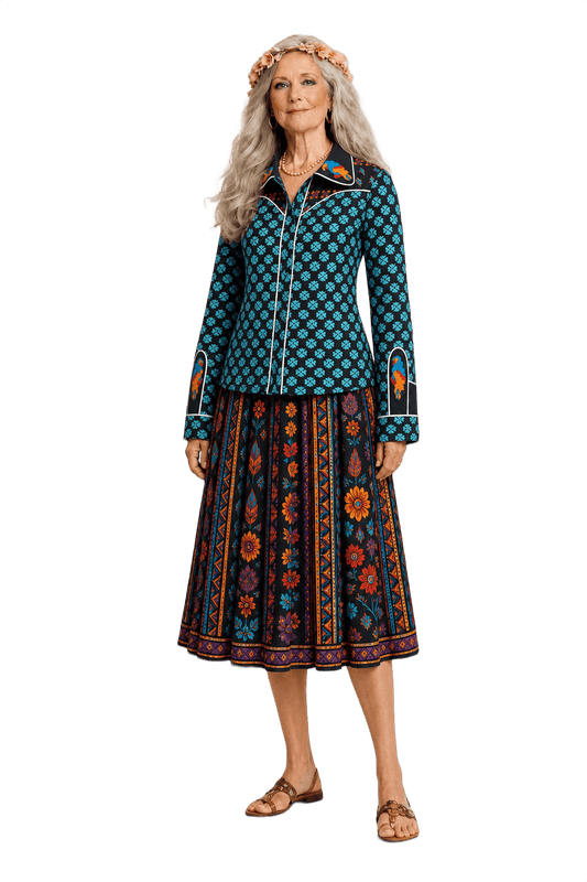 1970s Black Floral Cotton 2-Piece Set - Model