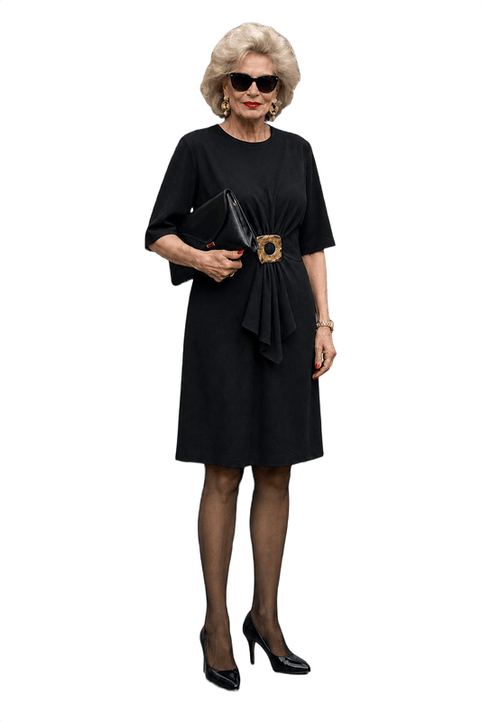 1970s Black Synthetic Blend Shift Dress - Model