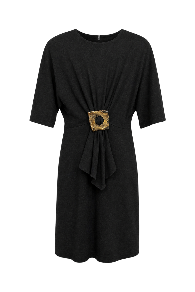 1970s Black Synthetic Blend Shift Dress - Front View