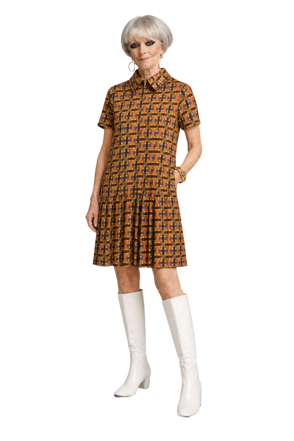 1970s Orange Synthetic Shift Dress - Model