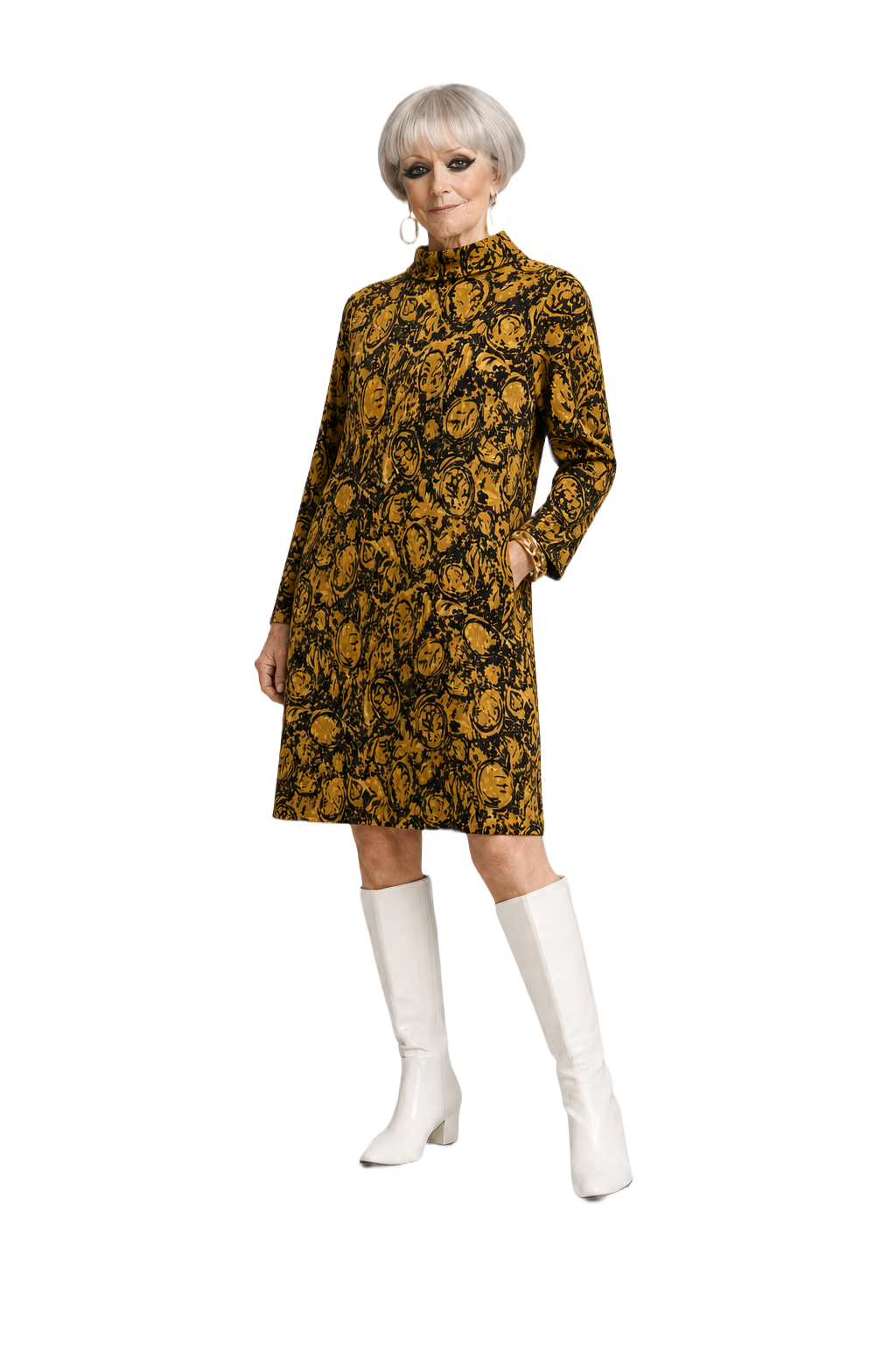 1970s Mustard Yellow Synthetic Blend Shift Dress - Model