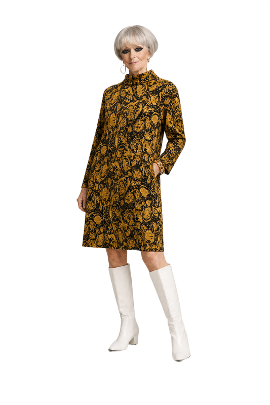 1970s Mustard Yellow Synthetic Blend Shift Dress - Model