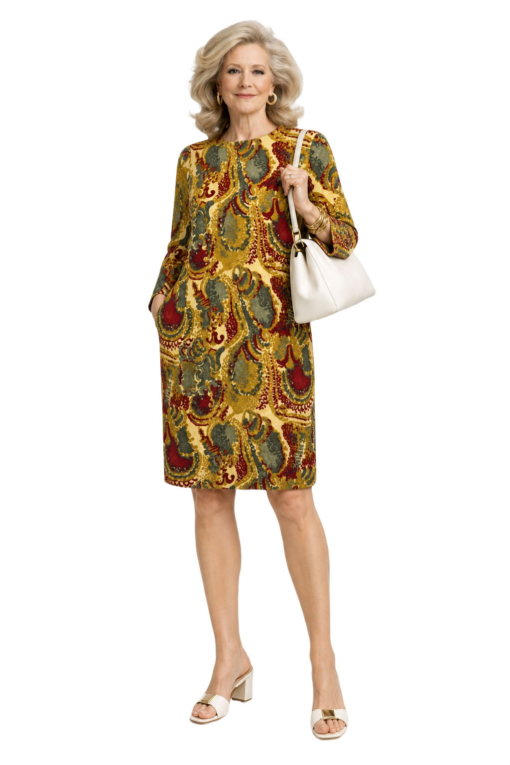 1970s Mustard Yellow Synthetic Blend Shift Dress - Model