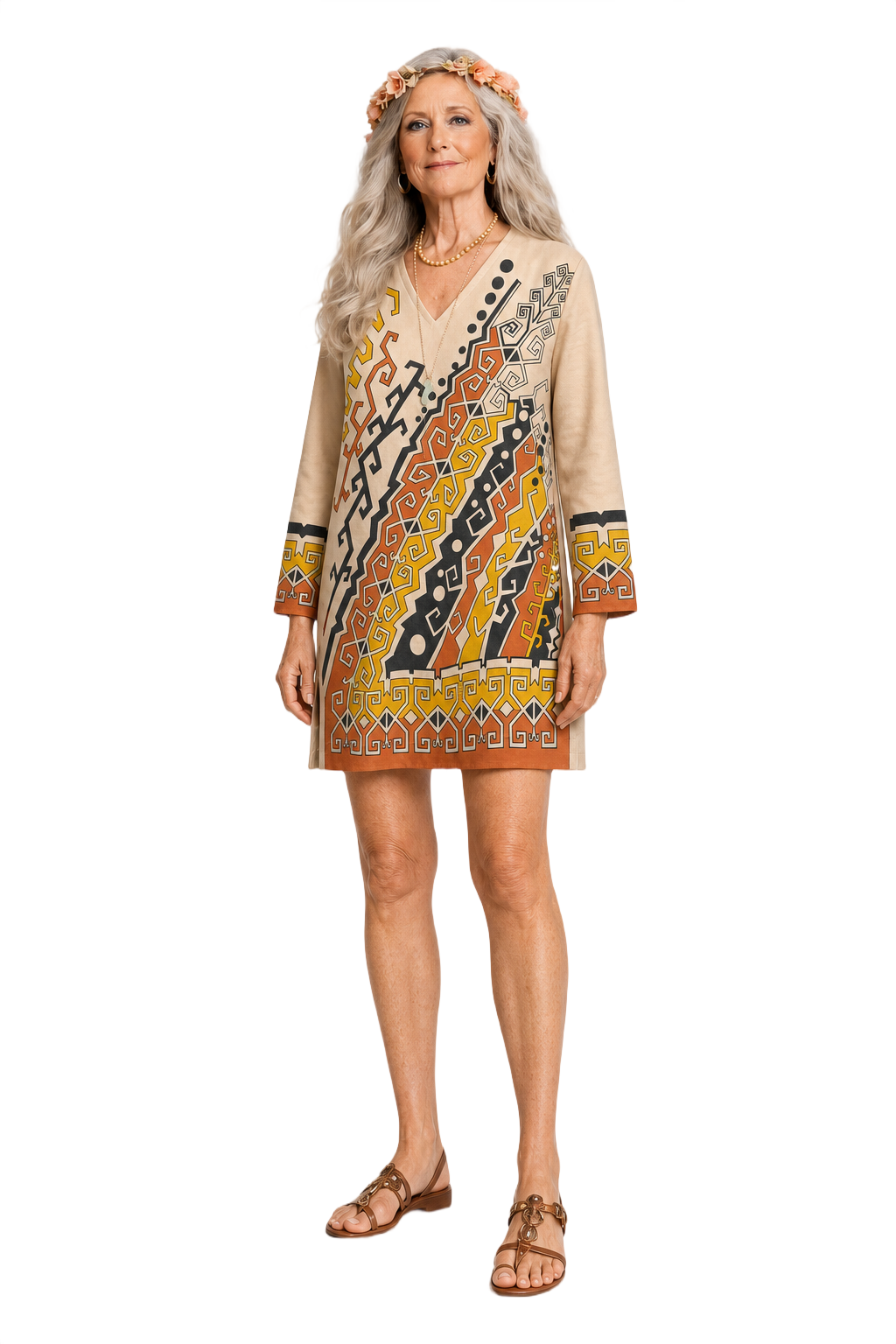 1970s Beige Synthetic Blend Shift Dress - Model