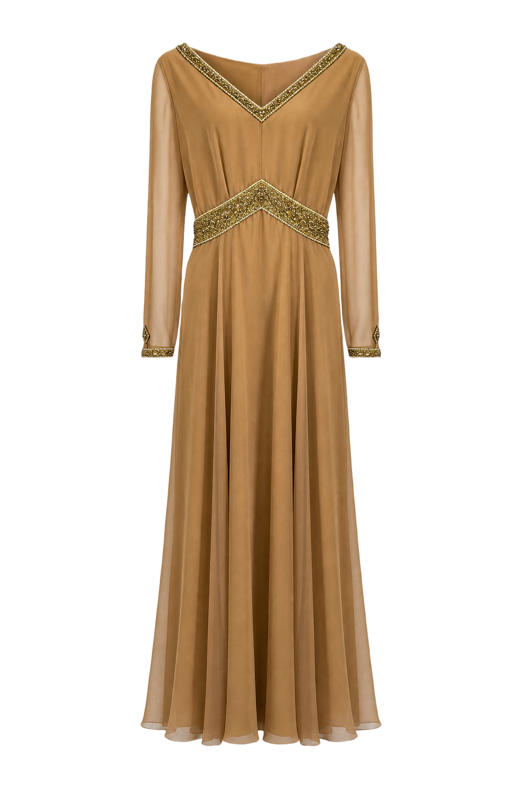 1970s Camel Brown Synthetic Blend Maxi Dress - Front View