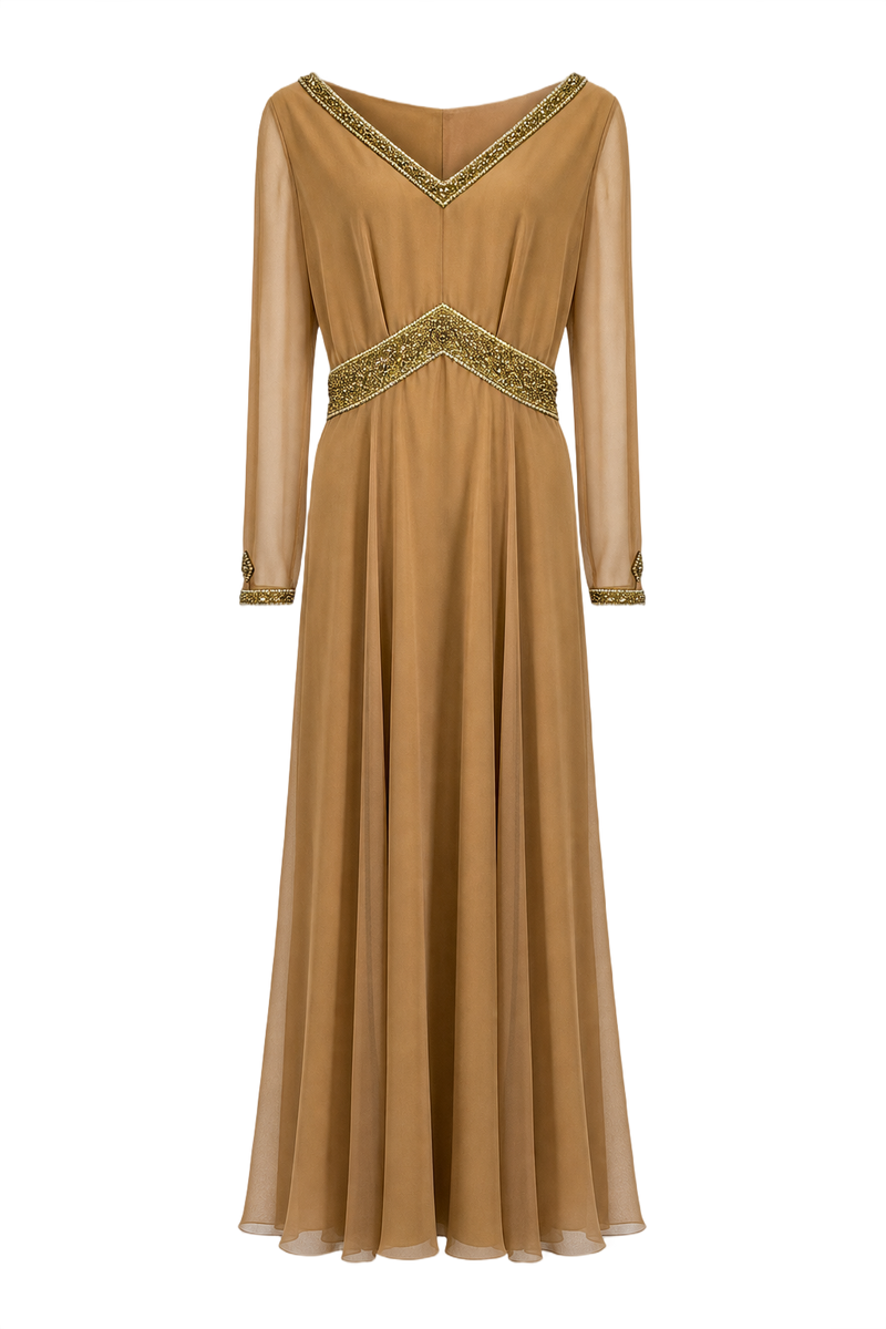 1970s Camel Brown Synthetic Blend Maxi Dress - Front View