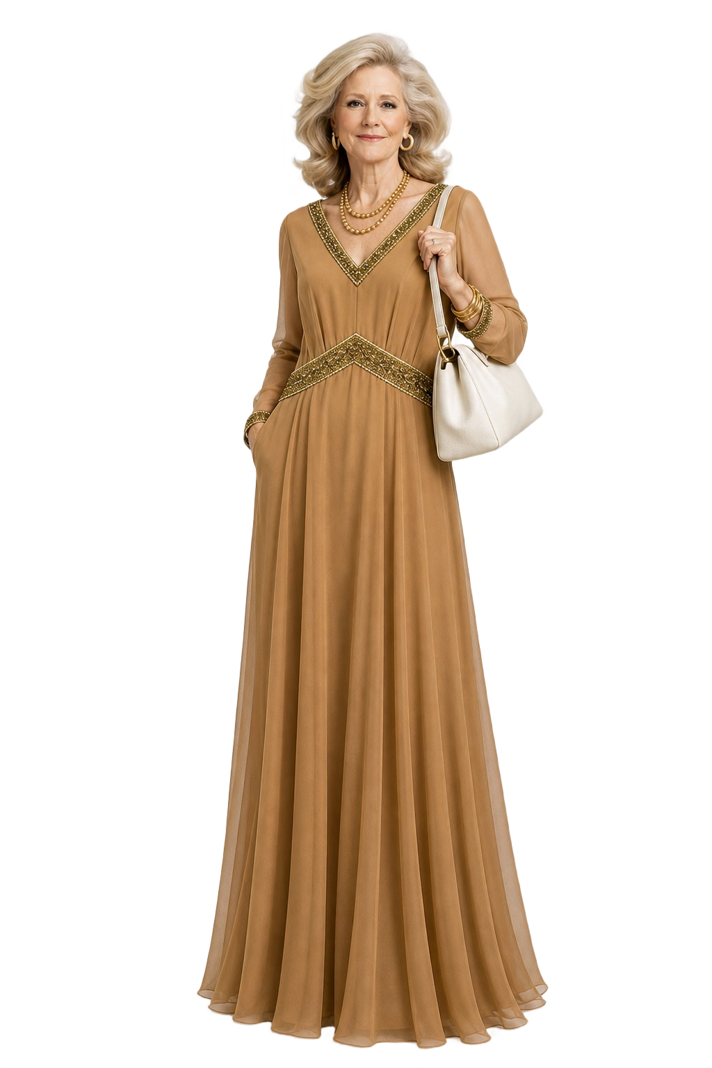 1970s Camel Brown Synthetic Blend Maxi Dress - Model