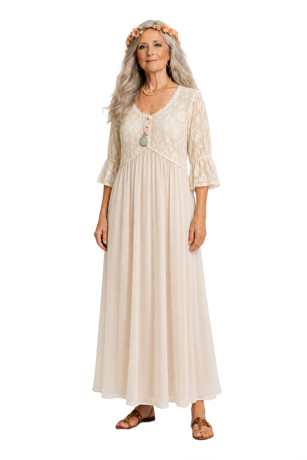 1970s Cream Synthetic Blend Maxi Dress - Model