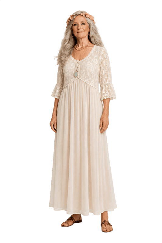 1970s Cream Synthetic Blend Maxi Dress - Model