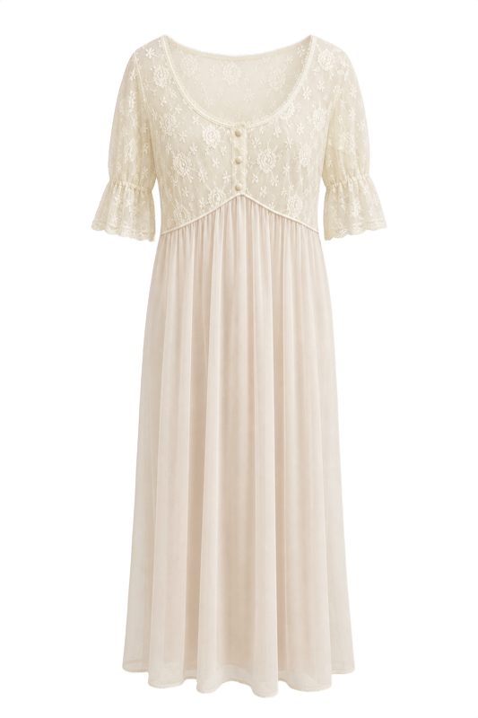1970s Cream Synthetic Blend Maxi Dress - Front View