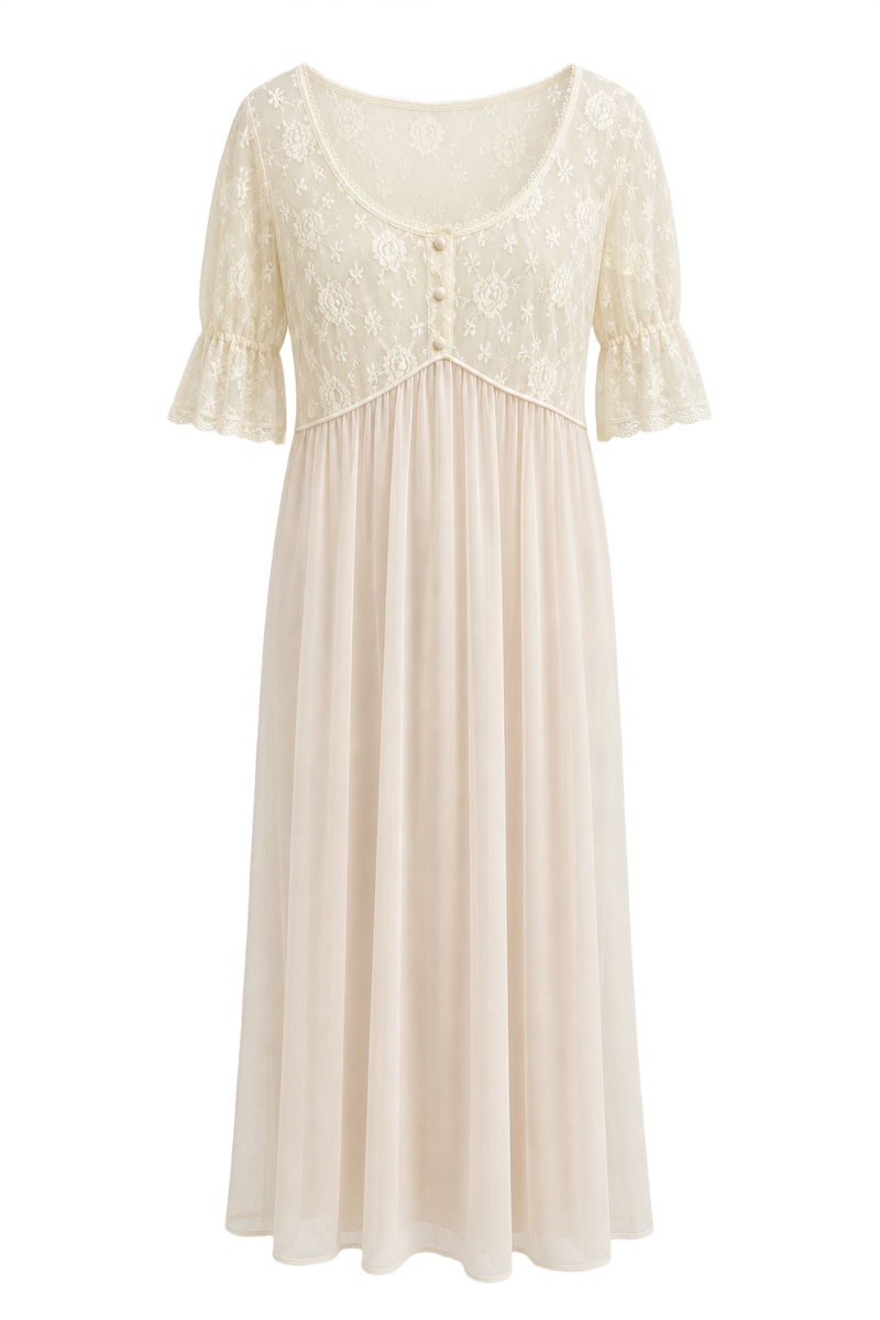 1970s Cream Synthetic Blend Maxi Dress - Front View