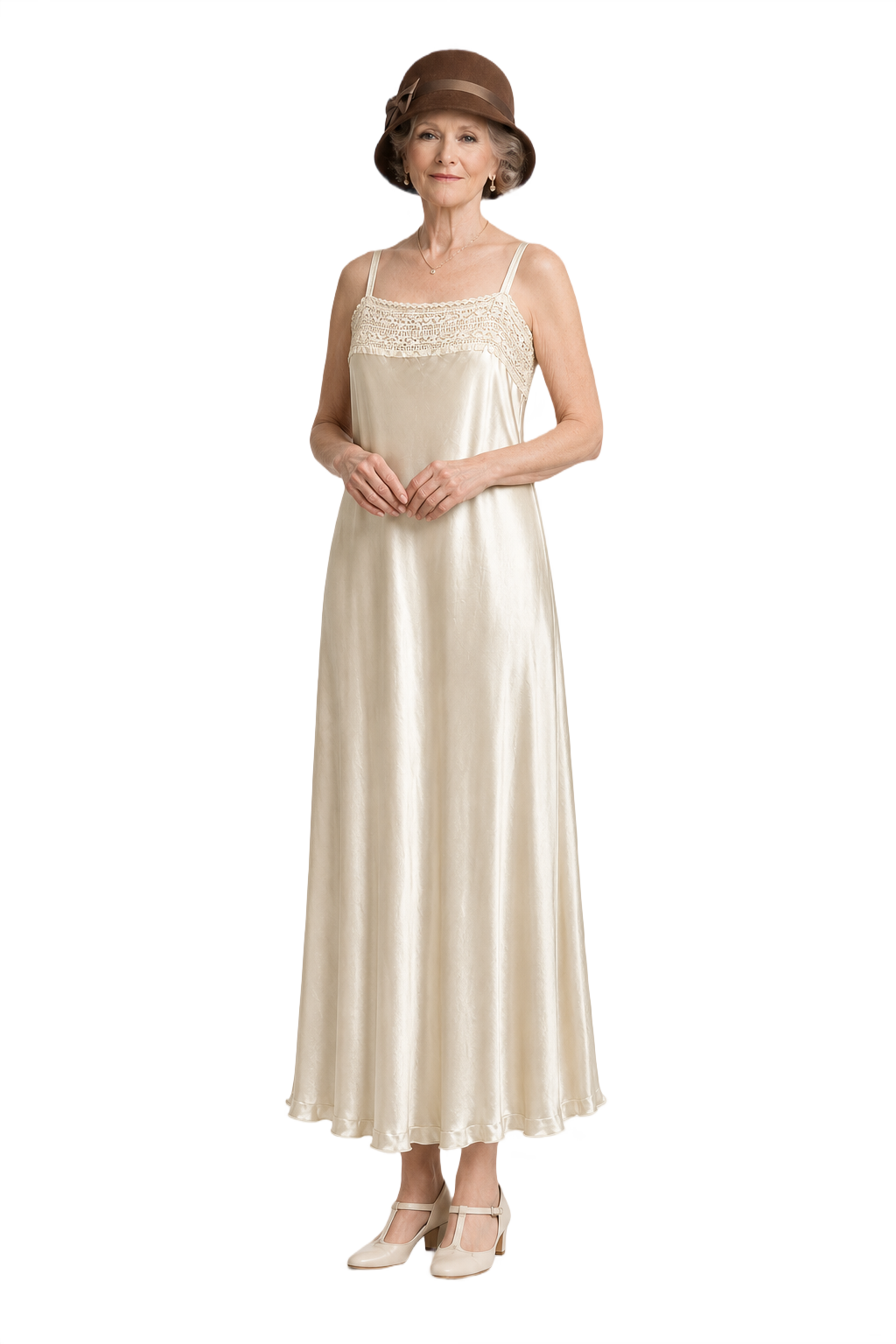 1950s Cream Synthetic Blend Maxi Dress - Model
