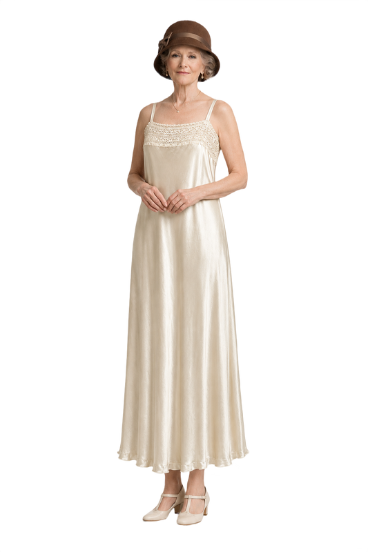 1950s Cream Synthetic Blend Maxi Dress - Model