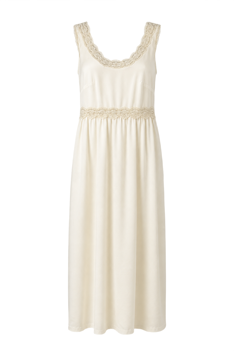 1950s Cream White Synthetic Blend Maxi Dress - Front View