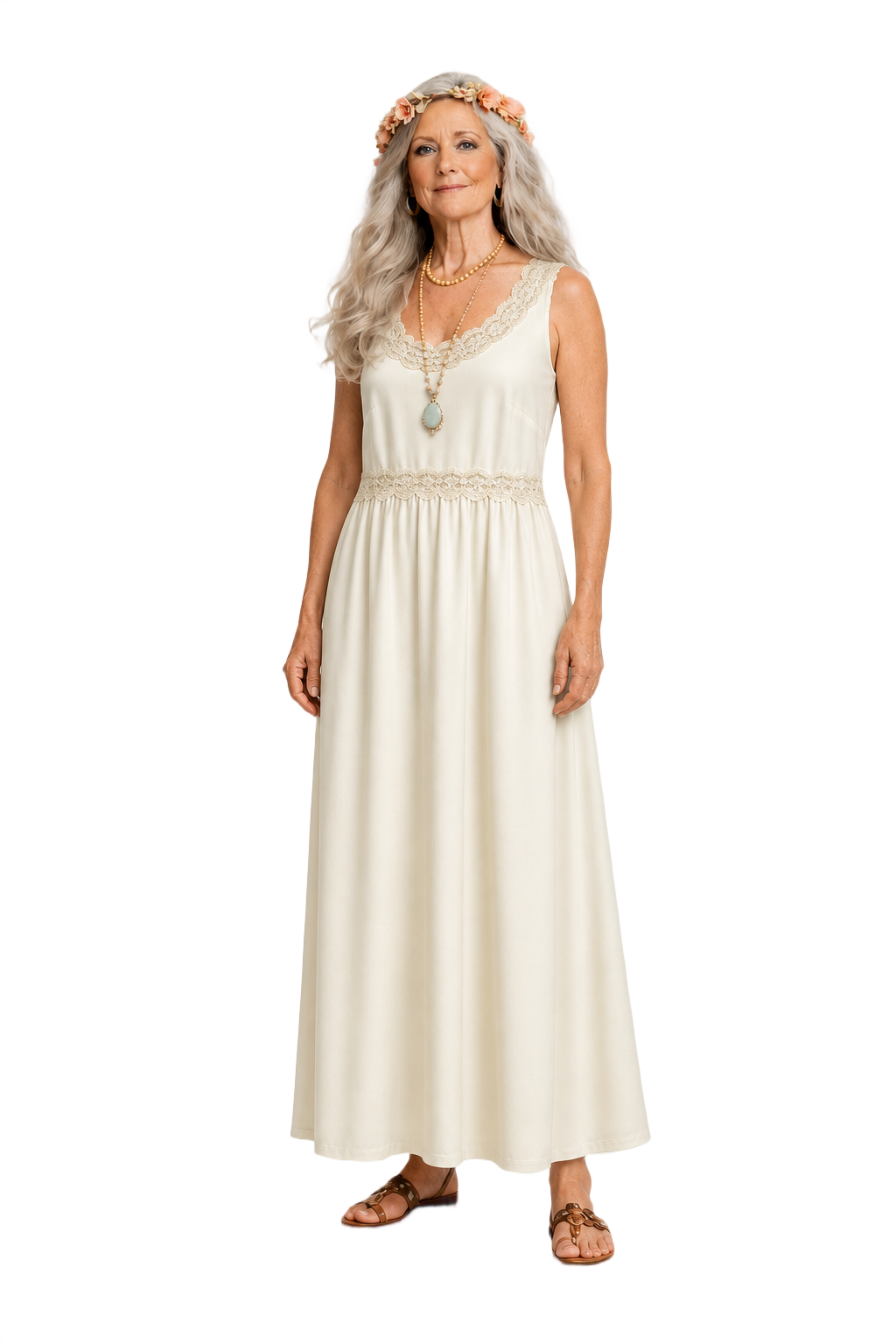 1950s Cream White Synthetic Blend Maxi Dress - Model