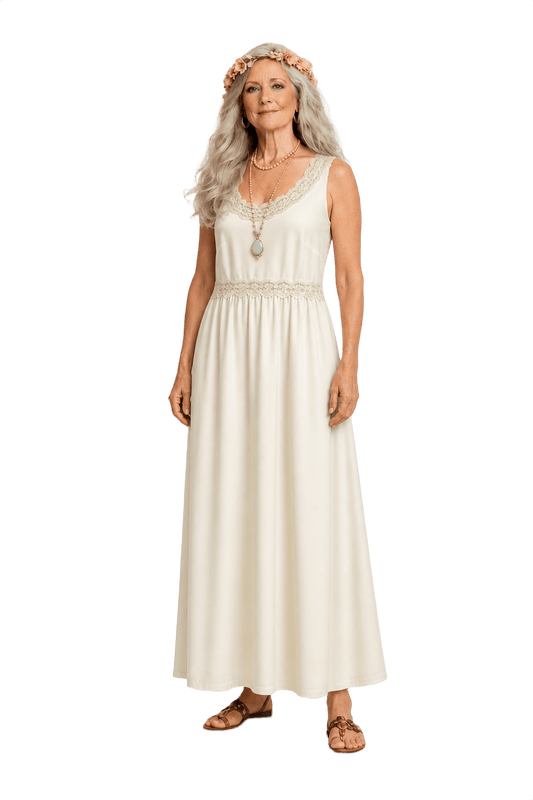 1950s Cream White Synthetic Blend Maxi Dress - Model