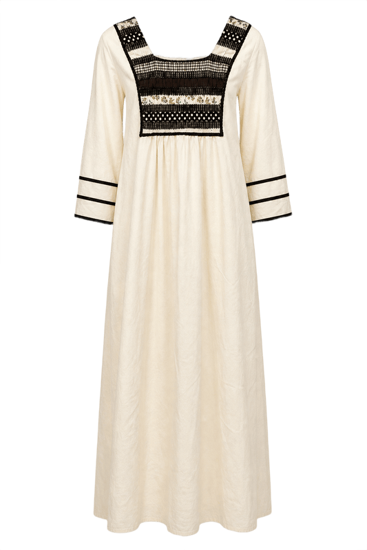 1970s Cream Cotton Blend Maxi Dress - Front View
