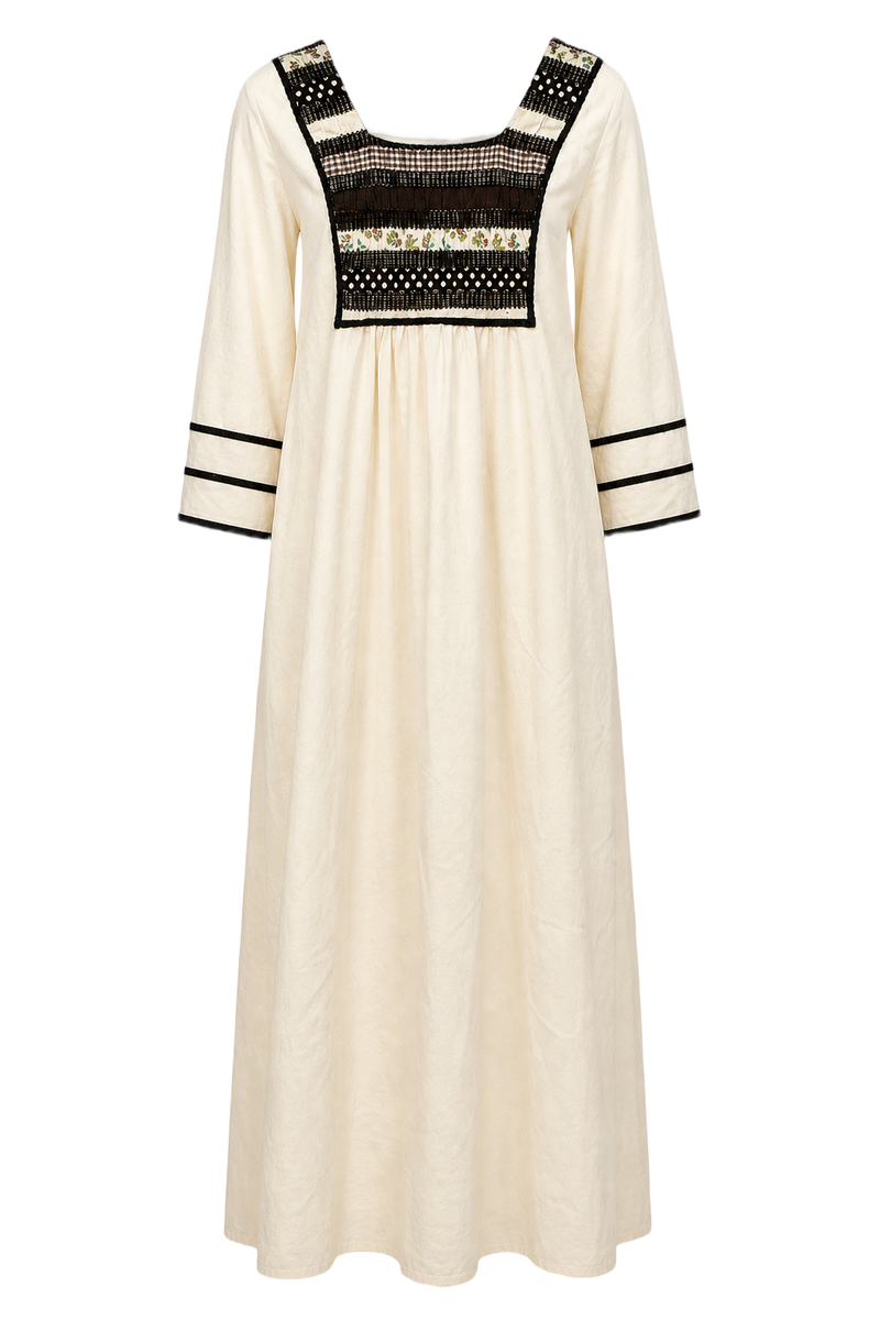 1970s Cream Cotton Blend Maxi Dress - Front View