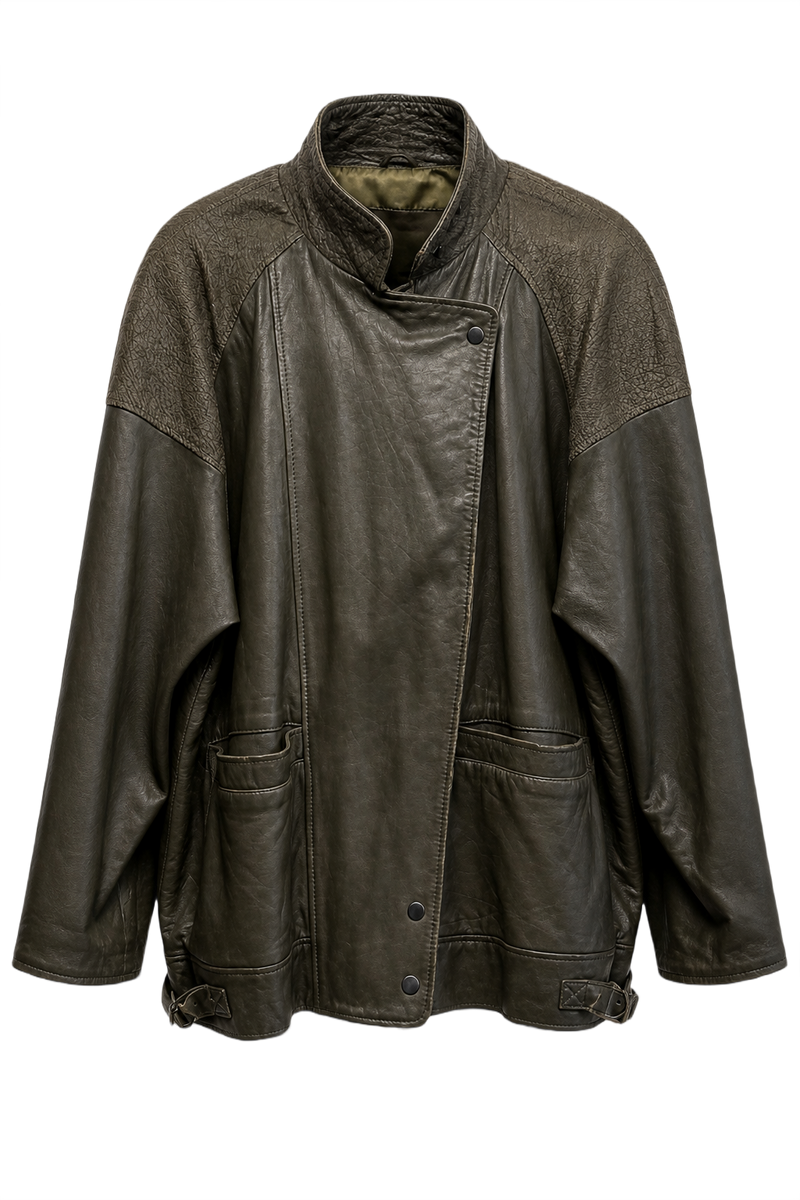 1990s Dark Green Leather Jacket - Front View