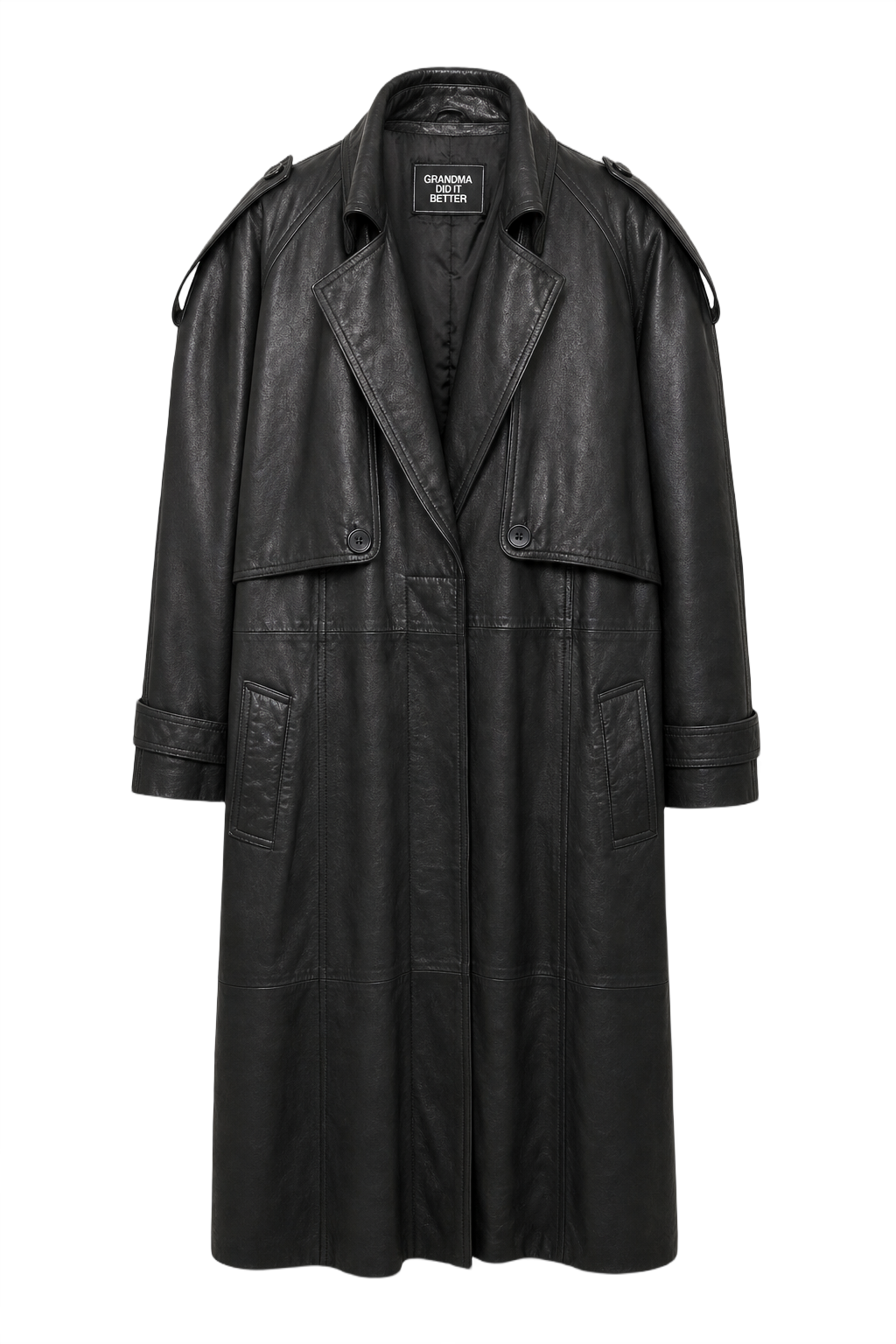 1980s Black Leather Coat - Front View