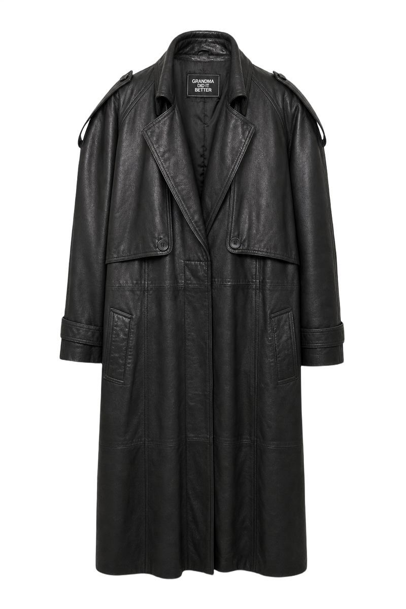 1980s Black Leather Coat - Front View