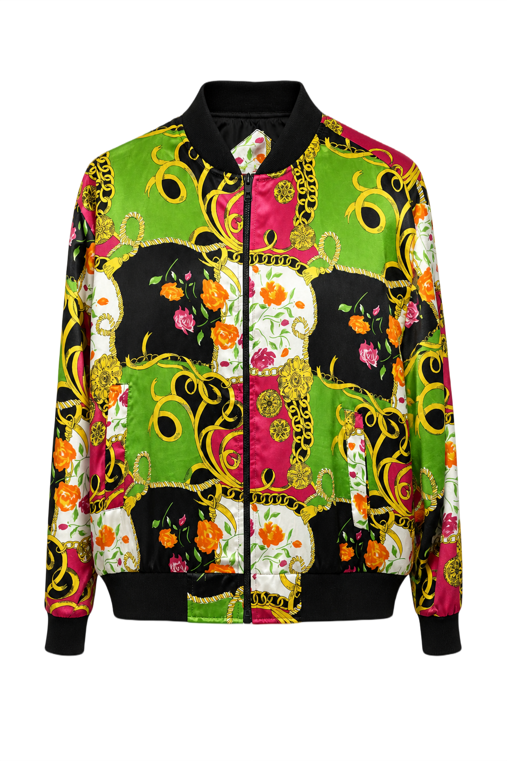 1980s Green Satin Bomber Jacket - Front View