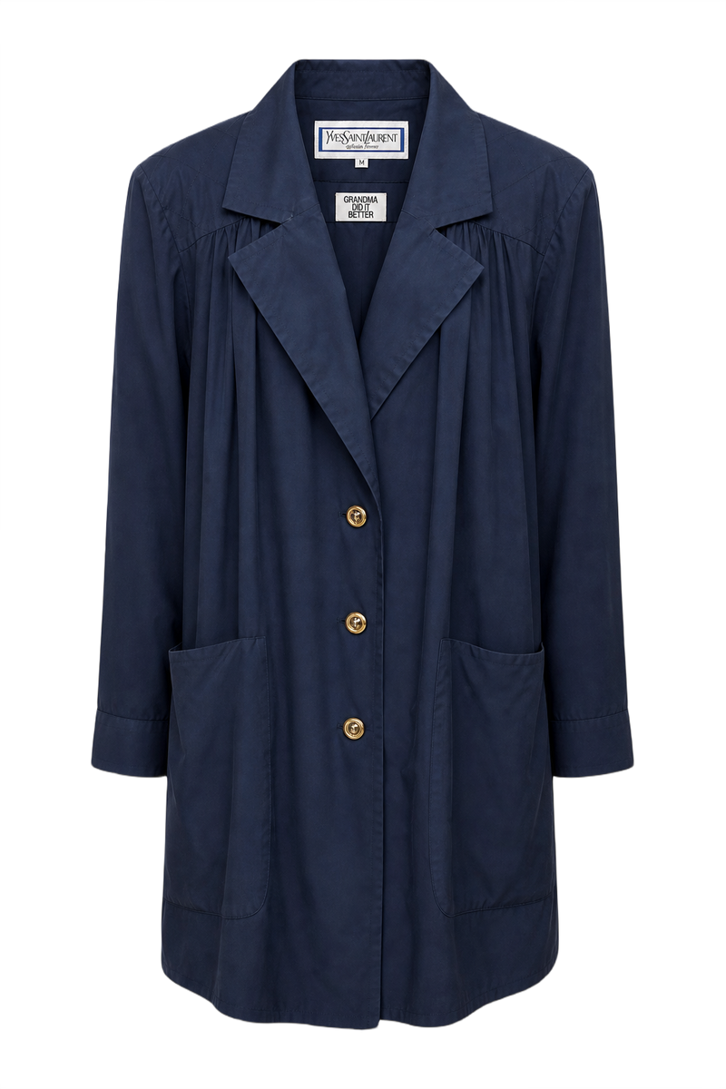 1970s Navy Blue Cotton Blend Coat - Front View