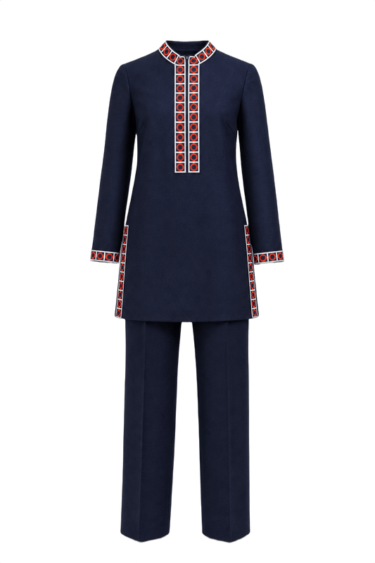 1970s Navy Blue Wool Tunic Set - Front View