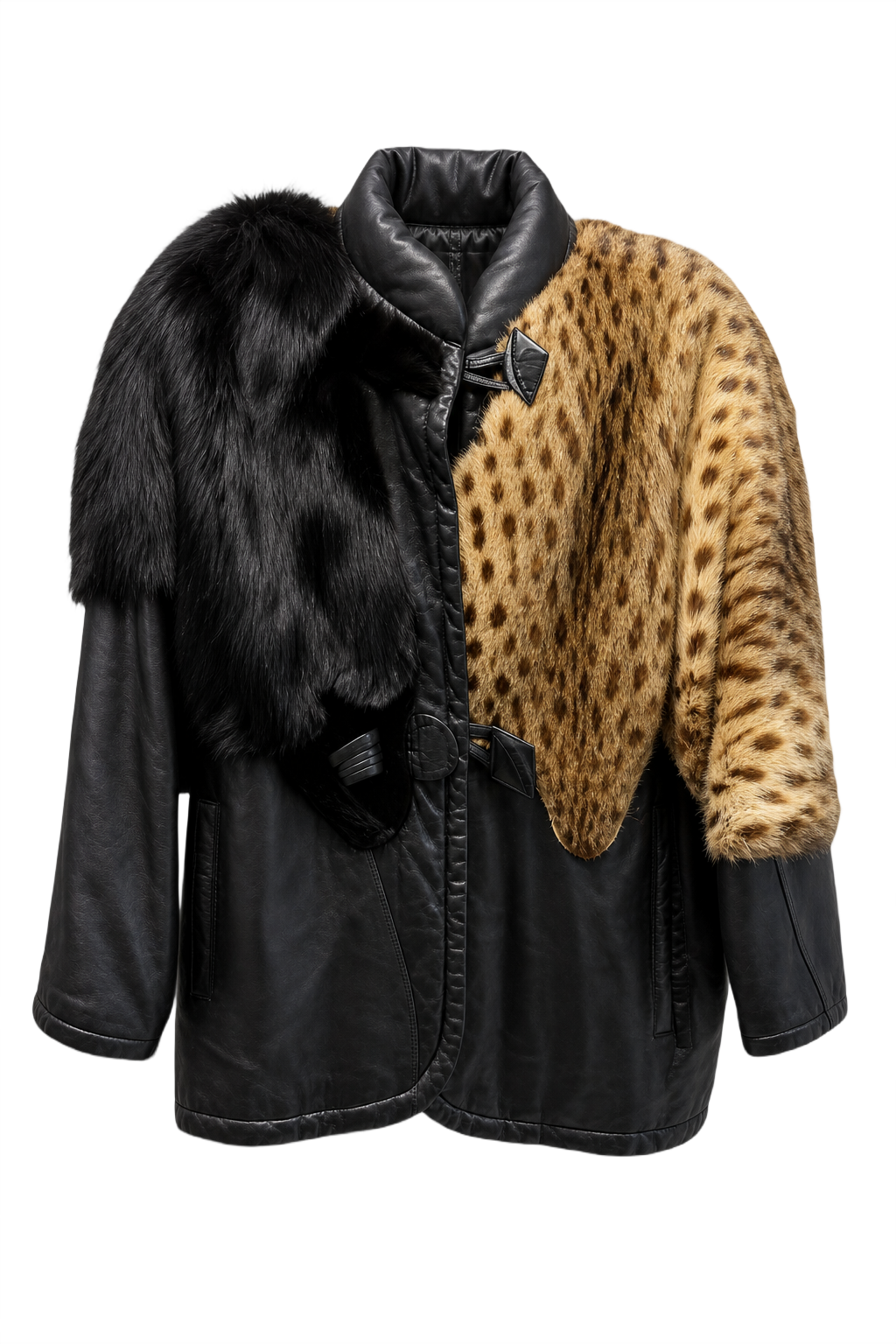 1980s Black Leather and Fur Coat - Front View