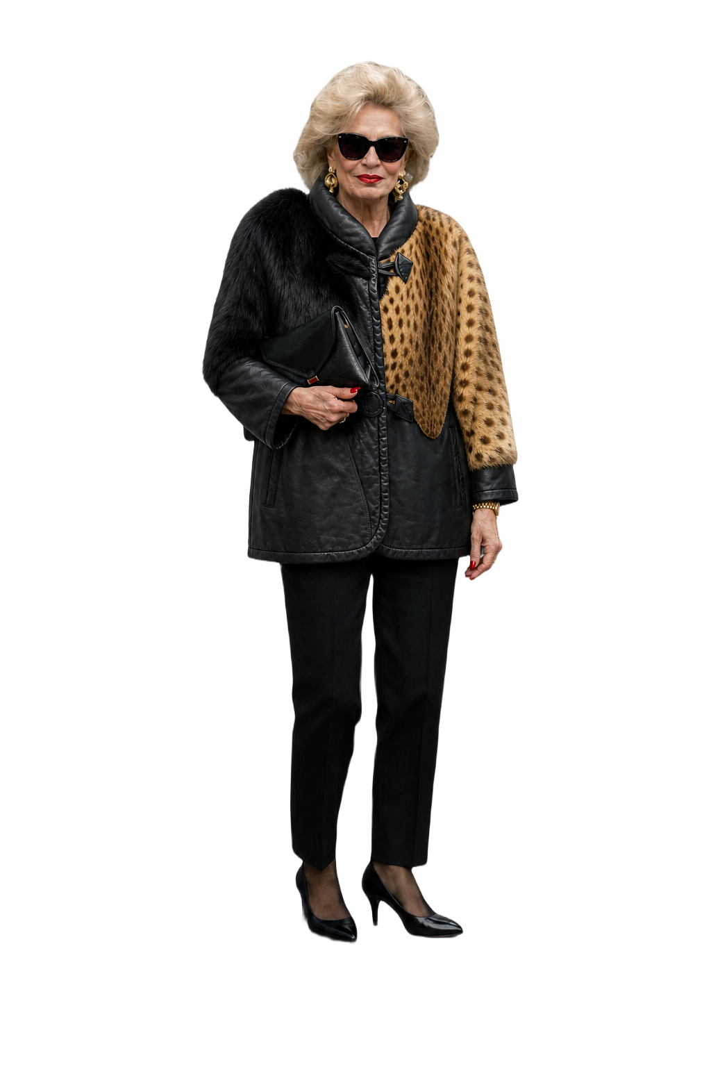 1980s Black Leather and Fur Coat - Model