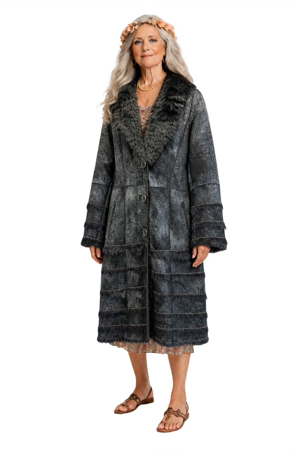 1980s Charcoal Gray Faux Fur Coat - Model