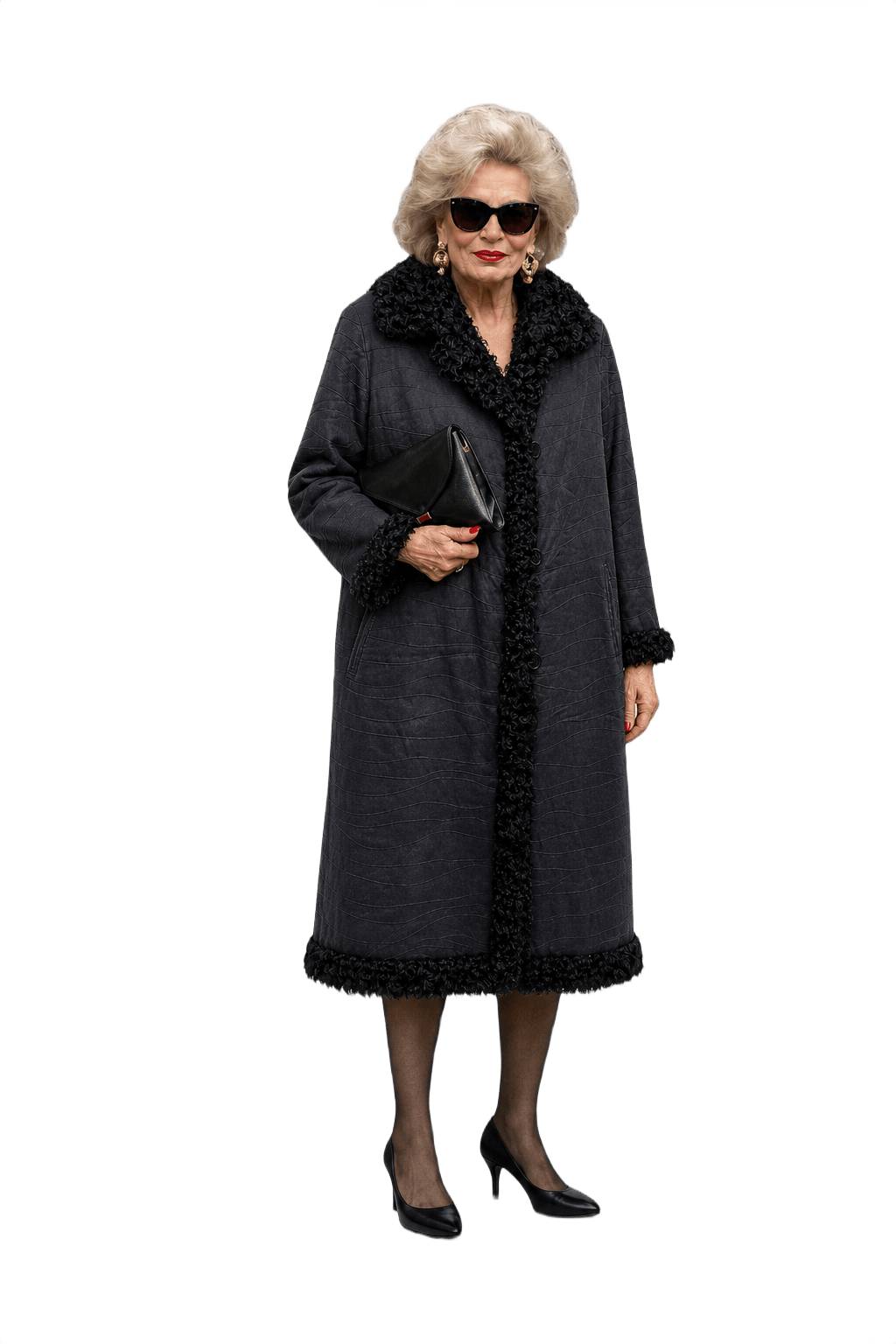 1980s Black Wool Coat with Fur Trim - Model